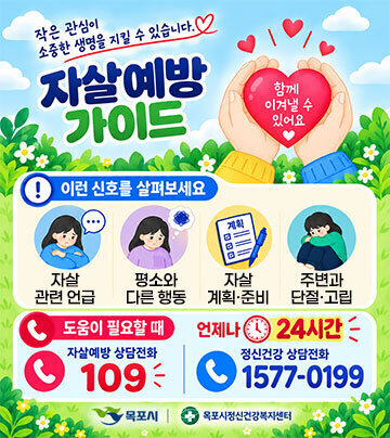 작은 관심이 소중한 생명을 지킬 수 있습니다. 자살예방 가이드 이런 신호를 살펴보세요 자살 관련 언급 평소와 다른 행동 자살 계획·준비 주변과 단절·고립 도움이 필요할 때 언제나 24시간 자살예방 상담전화: 109 정신건강 상담전화: 1577-0199 목포시 | 목포시정신건강복지센터