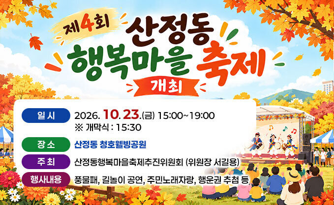 「제4회 산정동 행복마을 축제」 개최 일시 : 2026. 10. 23.(금) 15:00~19:00 ※ 개막식 : 15:30 장소 : 산정동 청호웰빙공원 주최 : 산정동행복마을축제추진위원회(위원장 서길용) 내용 : 풍물패, 길놀이 공연, 주민노래자랑, 행운권 추첨 등