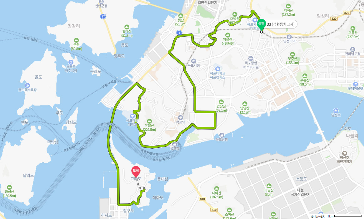 33번 목포터미널 앞 출발시 노선을 표시한 지도로 목포터미널에서 1번을 탑승하여 석현동 차고지에서 환승하고 산정동와 용당1동을 지나 삼호동을 거처 동명동을 돌아 해안길을 따라 목포해양대학교앞을 지나 북항선착장에서 다리를 지나 고하도까지 들어가는 경로이다.