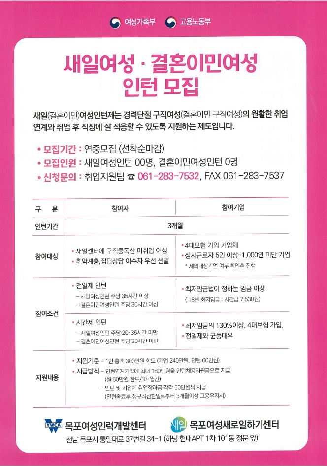 새일여성.결혼이민여성인턴 모집 홍보