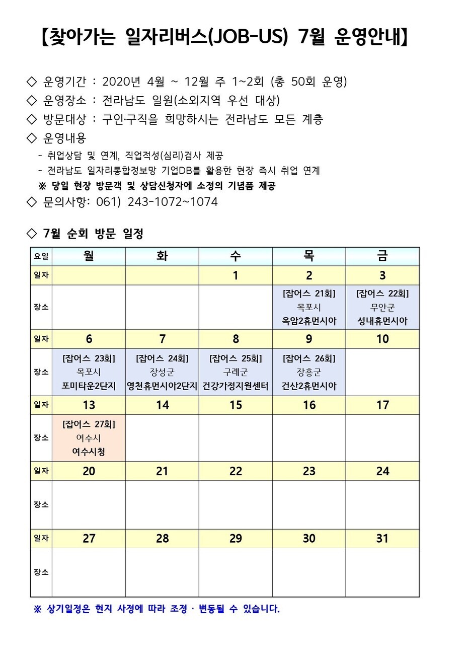[찾아가는 일자리버스(JOB-US) 7월 운영안내]
운영기간 : 2020년 4월 ~ 12월 주 1~2회 (총 50회 운영)
운영장소 : 전라남도 일원(소외지역 우선 대상)
방문대상 : 구인-구직을 희망하시는 전라남도 모든 계층
◇ 운영내용
취업상담 및 연계, 직업적성(심리)검사 제공
전라남도 일자리통합정보망 기업DB를 활용한 현장 즉시 취업 연계
※ 당일 현장 방문객 및 상담신청자에 소정의 기념품 제공
◇ 문의사항: 061) 243-1072~1074
◇7월 순회 방문 일정
2일 - [잡어스 21회] 목포시 옥암2휴먼시아
3일 - [잡어스 22회] 무안군성내휴먼시아
6일 - [잡어스 23회] 목포시 포미타운2단지
7일 - [잡어스 24회] 장성군 영천휴먼시아2단지
8일 - [잡어스 25회] 구례군 건강가정지원센터
9일 - [잡어스 26회] 장흥군 건산2휴먼시아
13일 - [잡어스 27회] 여수시 여수시청
※ 상기일정은 현지 사정에 따라 조정 변동될 수 있습니다.