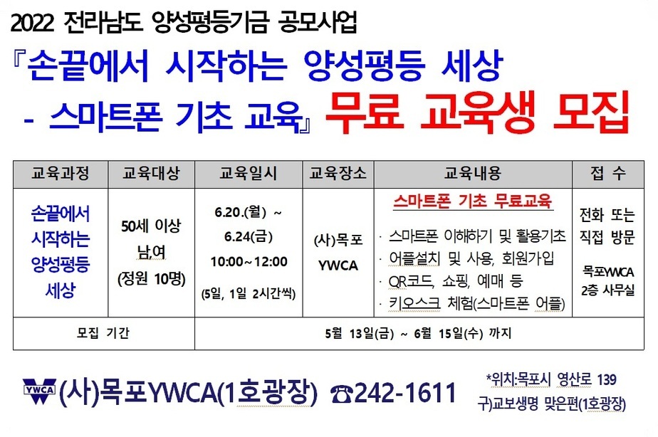 50세 이상 남,여(정원 10명) 대상으로 교육을 실시합니다. 접수방법은 전화(061-242-1611) 또는 목포YWCA 2층 사무실로 직접 방문하여 문의해주세요. 모집기간은 5월 13일 금요일부터 6월 15일 수요일까지 입니다. 위치는 목포시 영산로 139구) 교보생명 맞은편(1호광장)입니다.