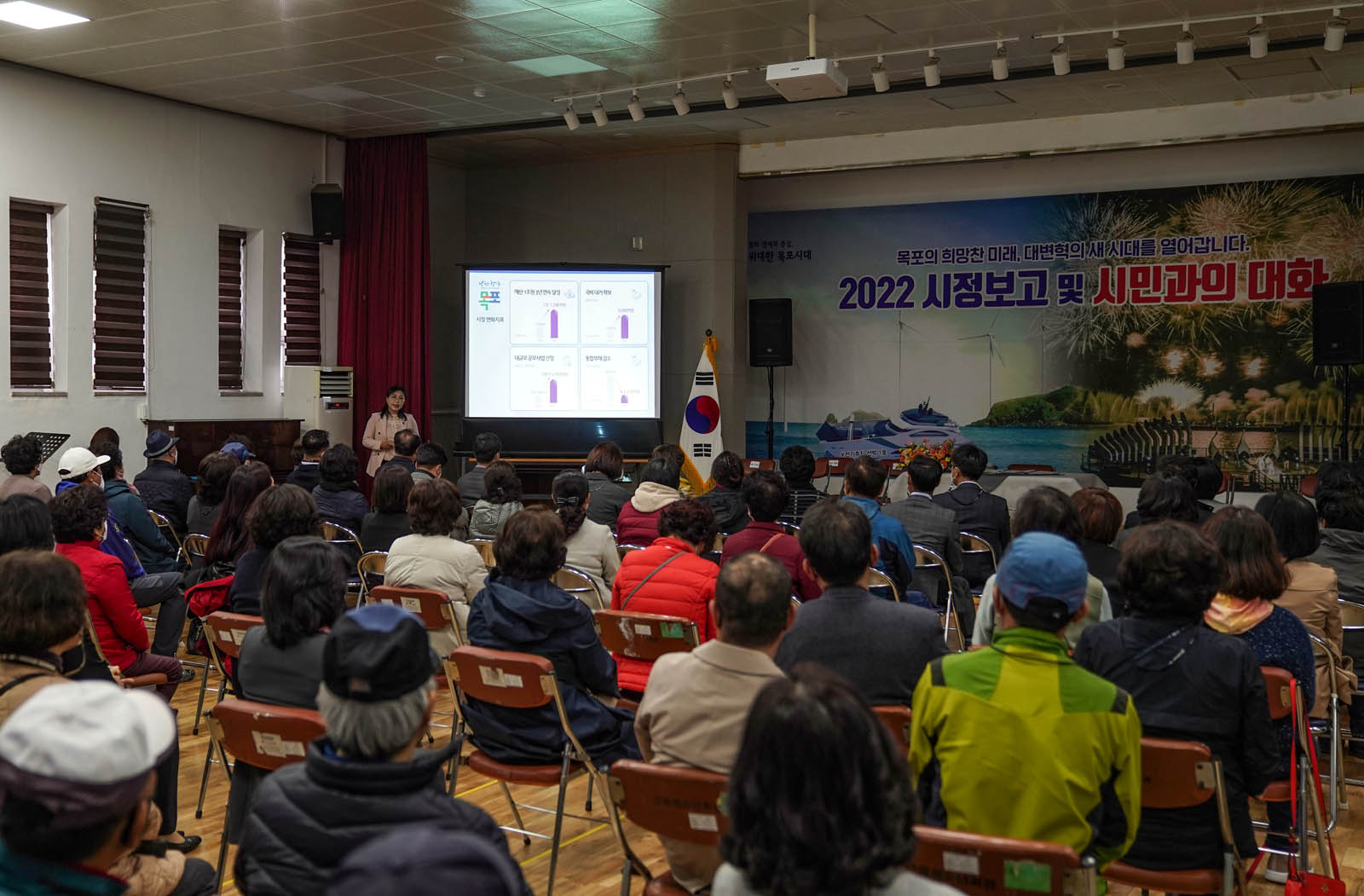 (03.21.종합사회복지관) 시정보고 및 시민과의 대화에서 관계자가 스크린을 띄워놓고 설명하고 있다.