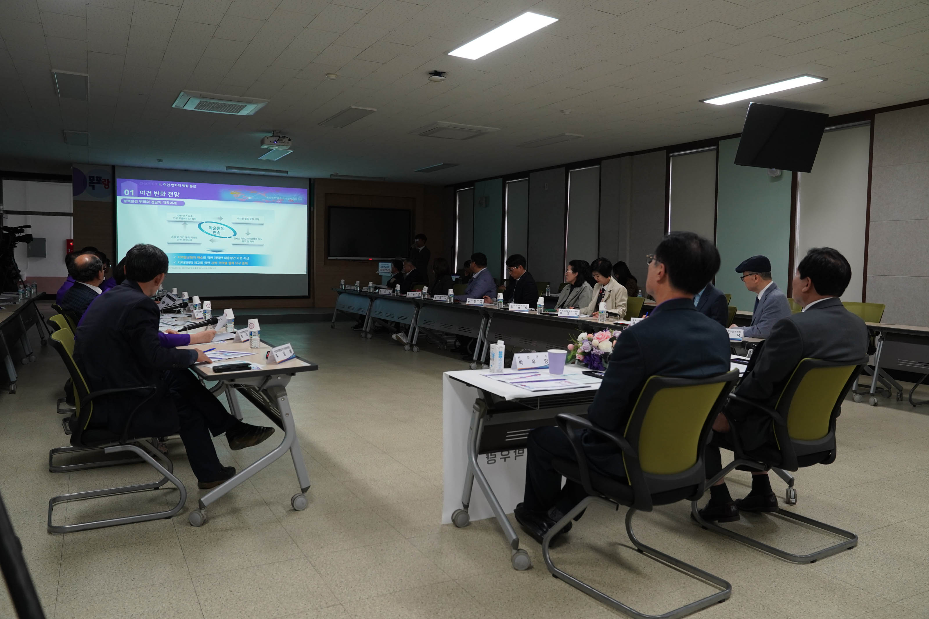 ppt 여건 변화 전망 부분을 띄어놓고 다함께 보고있는 보고회 참석자들 박홍률 시장과 박우량 군수 뒤측면에서 찍은 사진.
